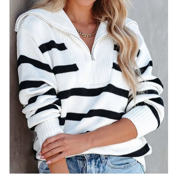 English Factory Sweaters - English Factory Pullover Sweater White  Black Striped Half Zip Medium 6-8